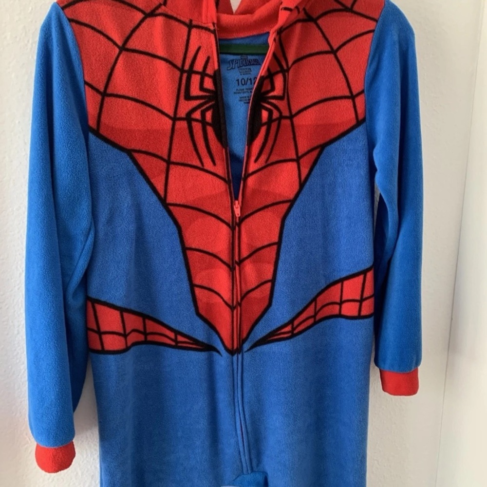 Marvel Spider-Man Superhero Kids Hooded Union Suit Fleece Costume Pajamas 10/12 - Picture 3 of 16